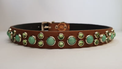 HB 1/2" Collar - Chestnut Leather / Green Turquoise Stones & Crystals