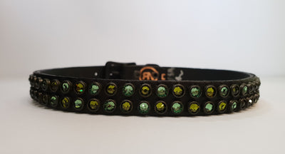 Double Row 1/2" Collar - Black Leather / Green Crystals