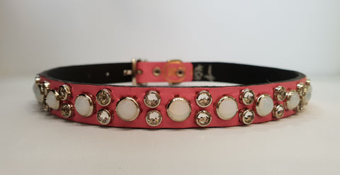 HB 1/2" Collar - Pink Leather / White  Stones & Clear Crystals