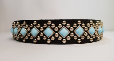 Diamond S 1" Collar - Black Leather / Turquoise Stones