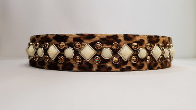 Leopard Aud S 1" Collar - Leopard Leather / White Stones & Brown Crystals