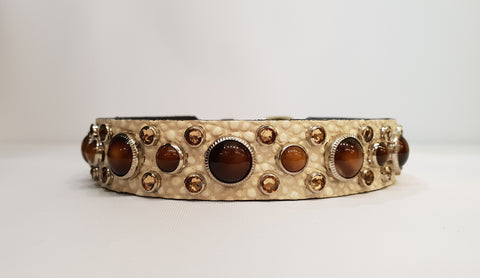 HB 3/4" Collar - Ivory Leather / Brown Stones & Crystals