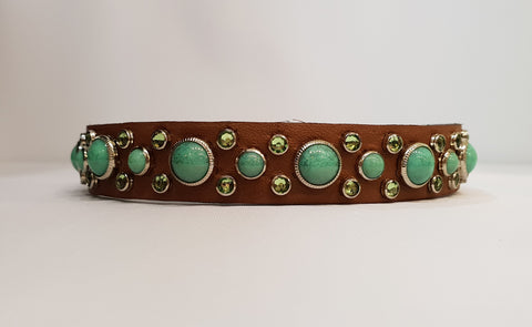 HB 3/4" Collar - Chestnut Leather / Green Turquoise Stones & Crystals