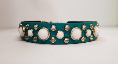 HB 3/4" Collar - Teal Leather / White Stones & Clear Crystals