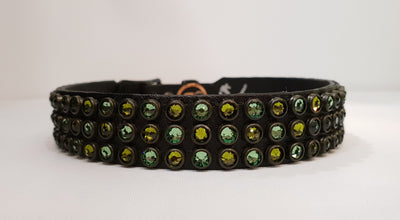 Triple Row 3/4" Collar - Black Leather / Green Crystals