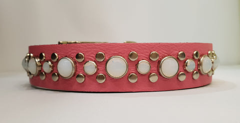 Stud 1" Collar - Pink Leather / White Stones