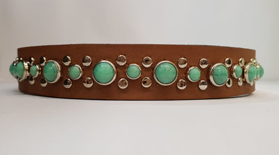 Stud 1" Collar - Chestnut Leather / Green Turquoise Stones