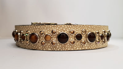 HB 1" Collar - Ivory Leather / Brown Stones & Crystals