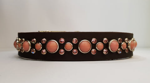 HB 1" Collar - Chocolate Leather / Pink Stones & Crystals