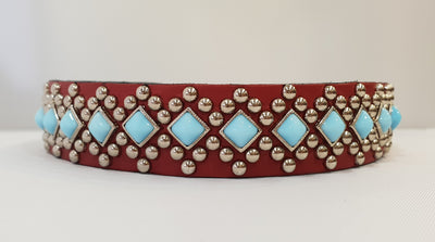 Diamond S 1"  Collar - Red Leather / Turquoise Stones
