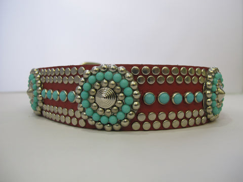 Santa Fe 1.5" Collar Red Leather / Turquoise Stones